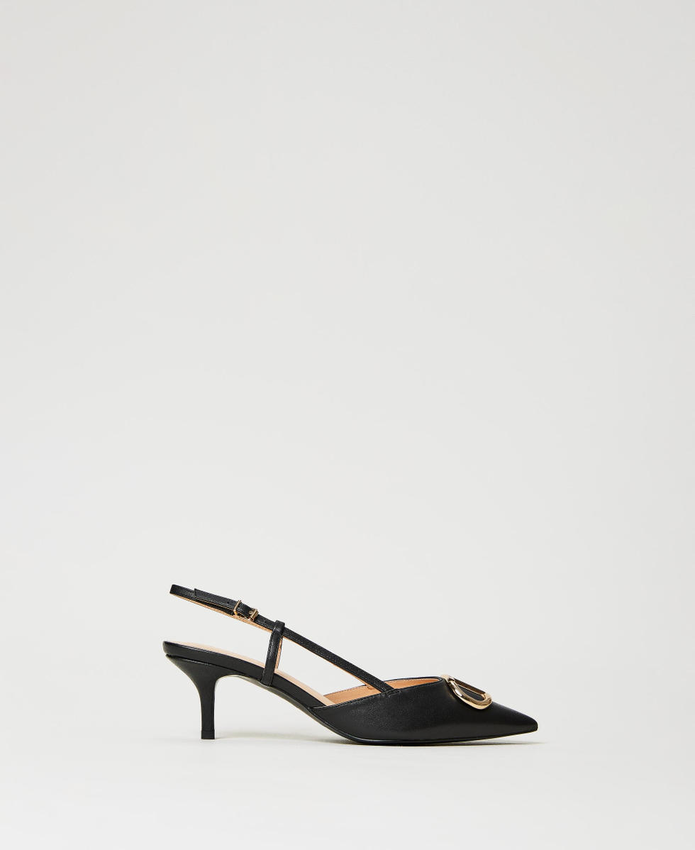 Leather sling back court shoes with Oval T Woman Black TWINSET