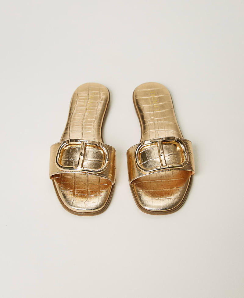 Laminated leather sandals with Oval T Pale Gold Croc Print Woman 231TCP12J-04