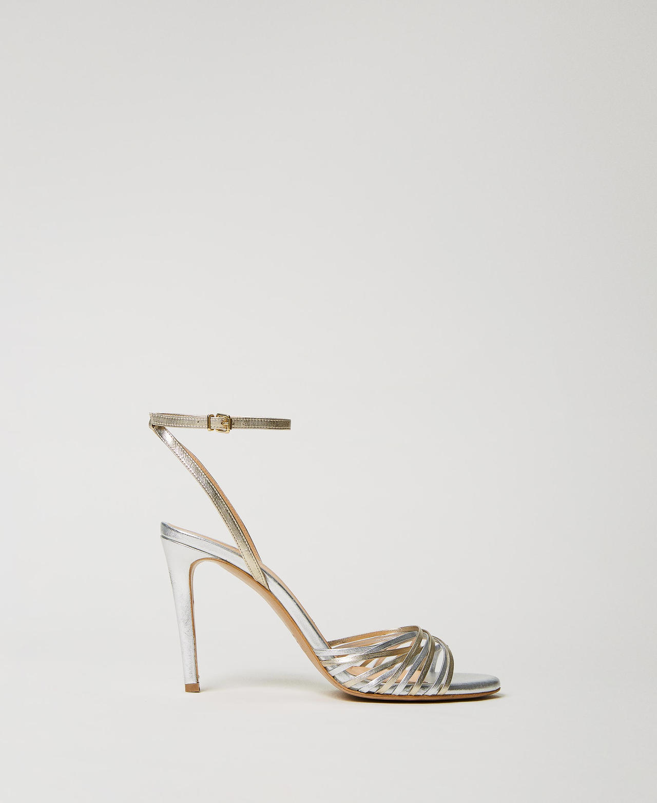 Twinset Chaussures - Sandales cage en cuir lamé, Bicolore Argent/Or, Taille: 36