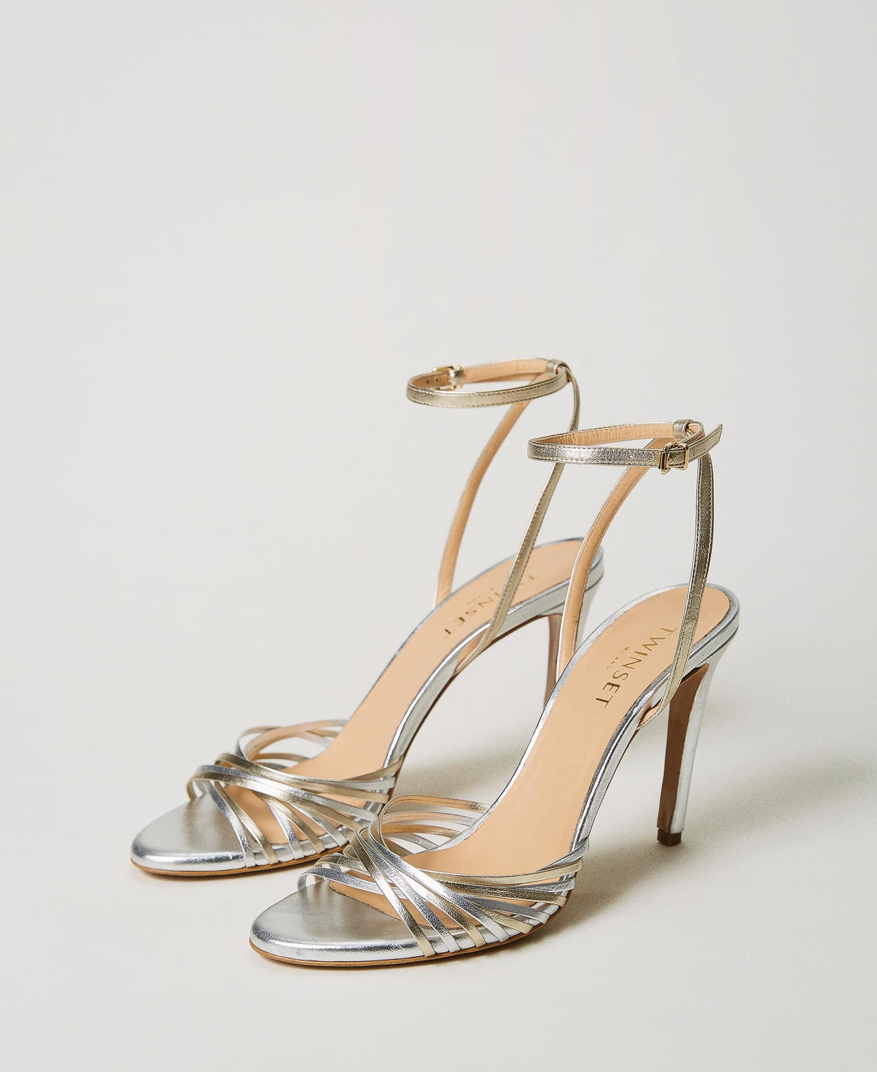 Laminated leather cage sandals Two-tone Silver / Gold Woman 231TCP152-02
