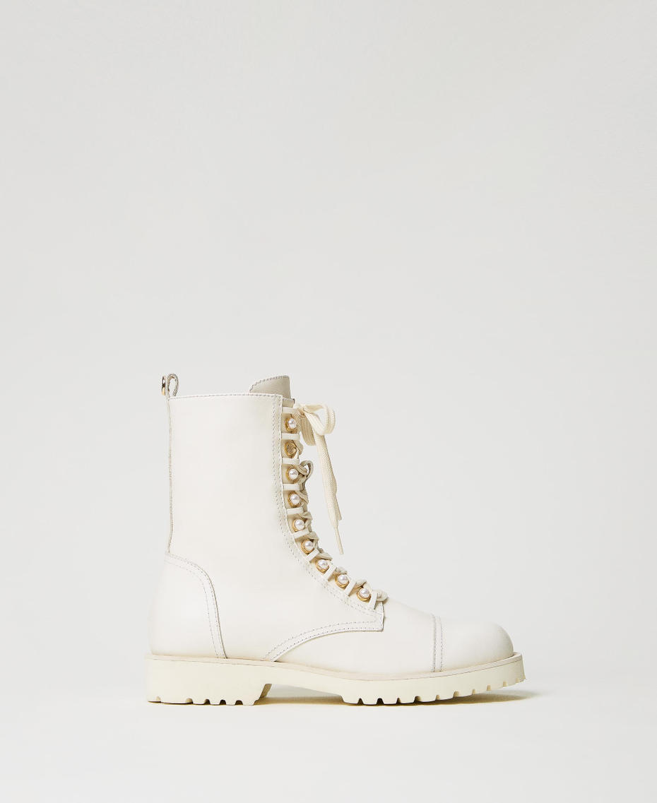 Leather combat boots with pearls Ivory Woman 231TCP190-01