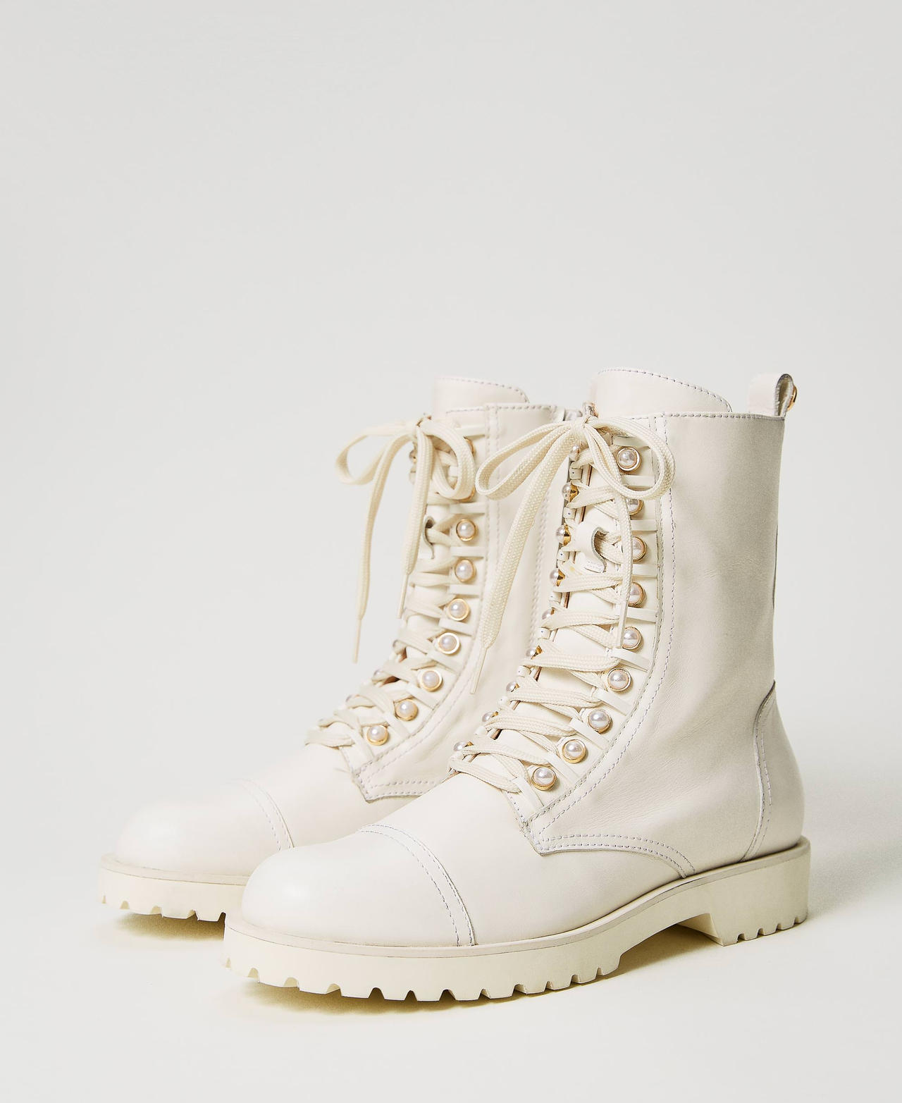 Leather combat boots with pearls Ivory Woman 231TCP190-02