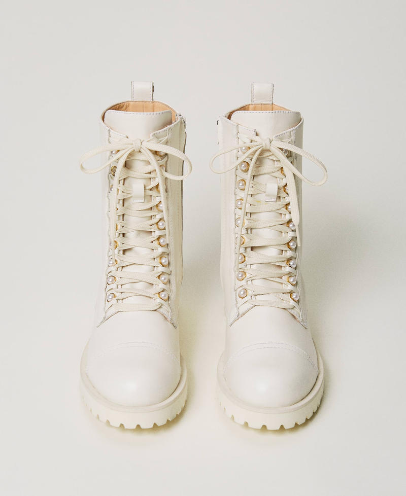 Leather combat boots with pearls Woman White TWINSET Milano