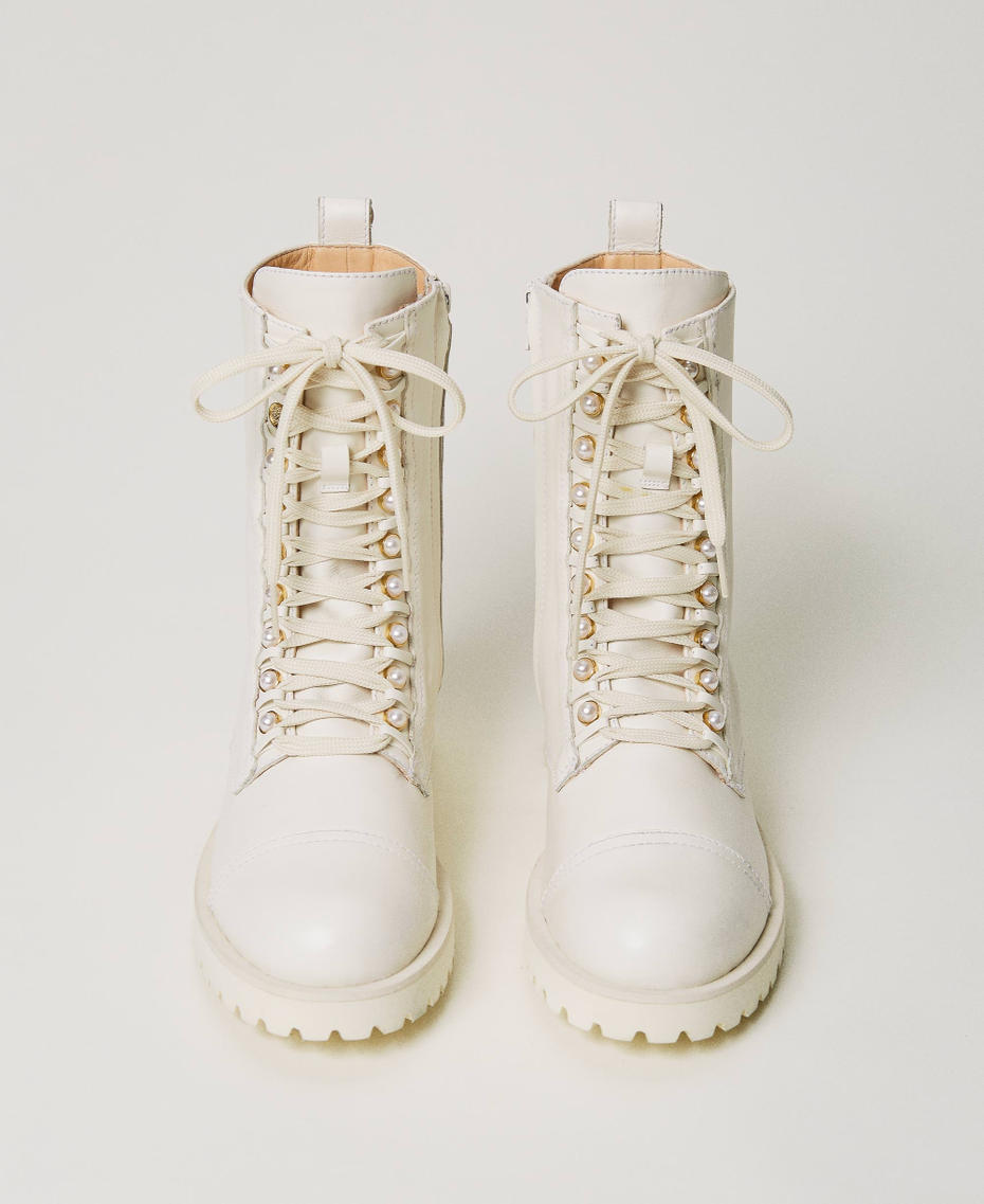 Leather combat boots with pearls Ivory Woman 231TCP190-04