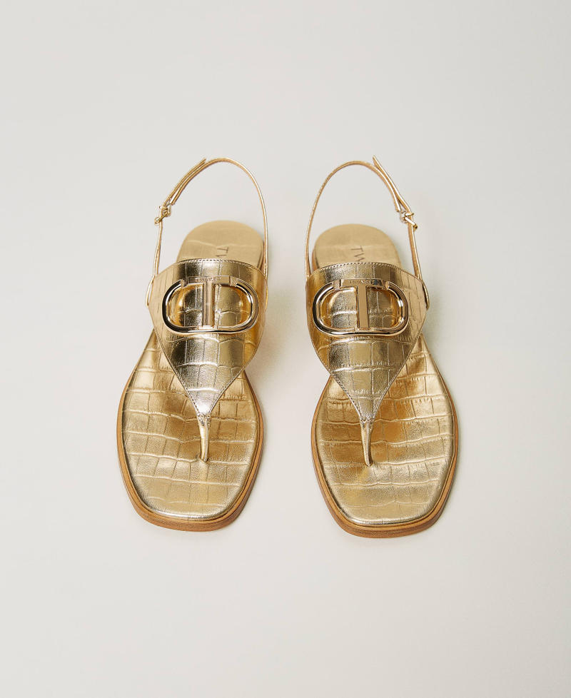 Laminated leather thong sandals with Oval T Pale Gold Croc Print Woman 231TCP234-04