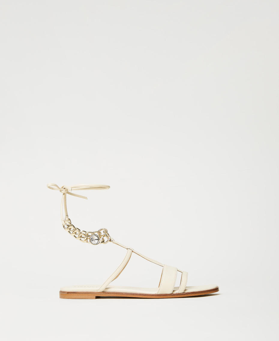 Leather sandals with chain ankle strap Ivory Woman 231TCT164-01