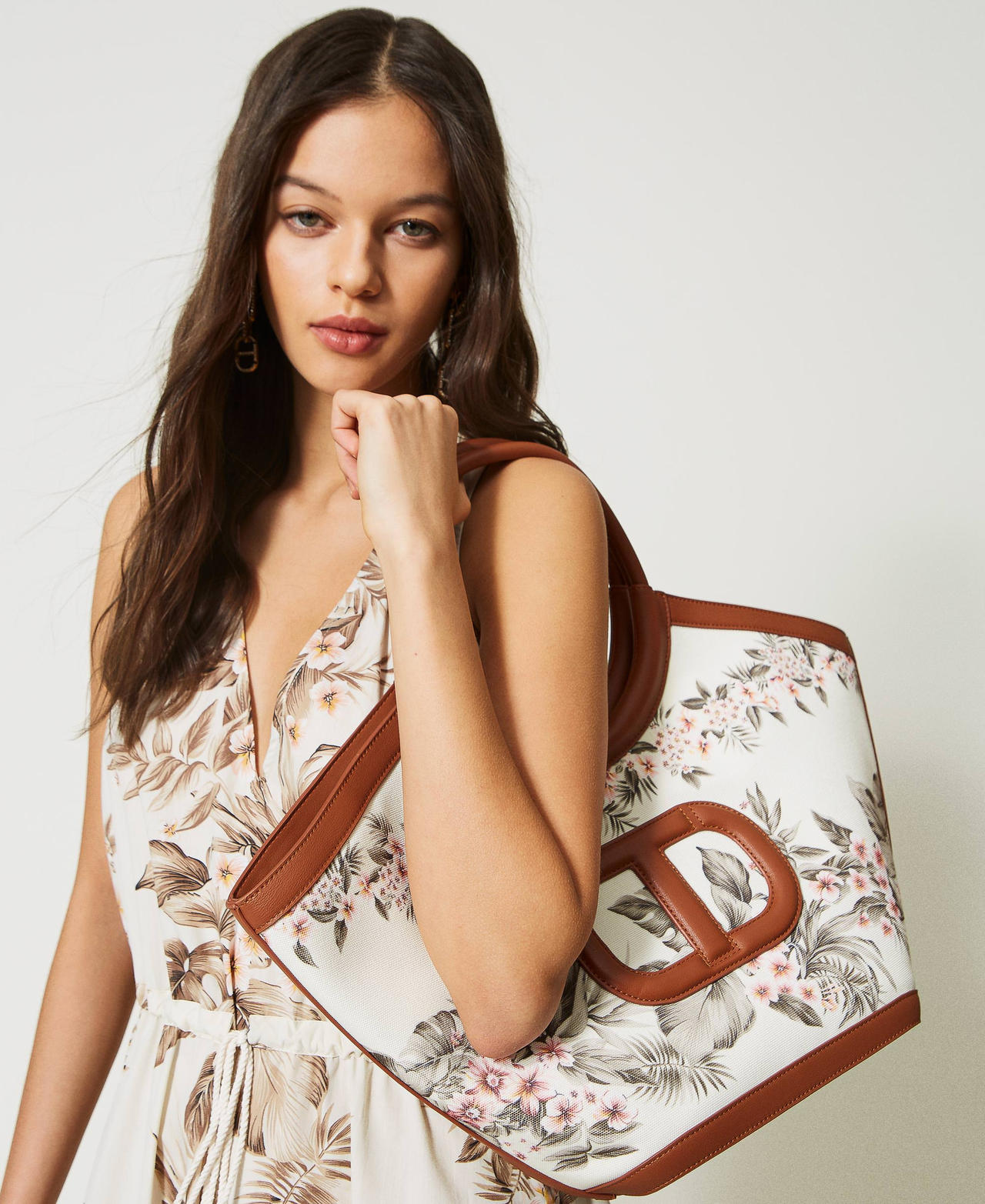 Borsa shopper 'Ring' in canvas a fiori Stampa Fiore Beige Donna 231TD8314_10589_0S