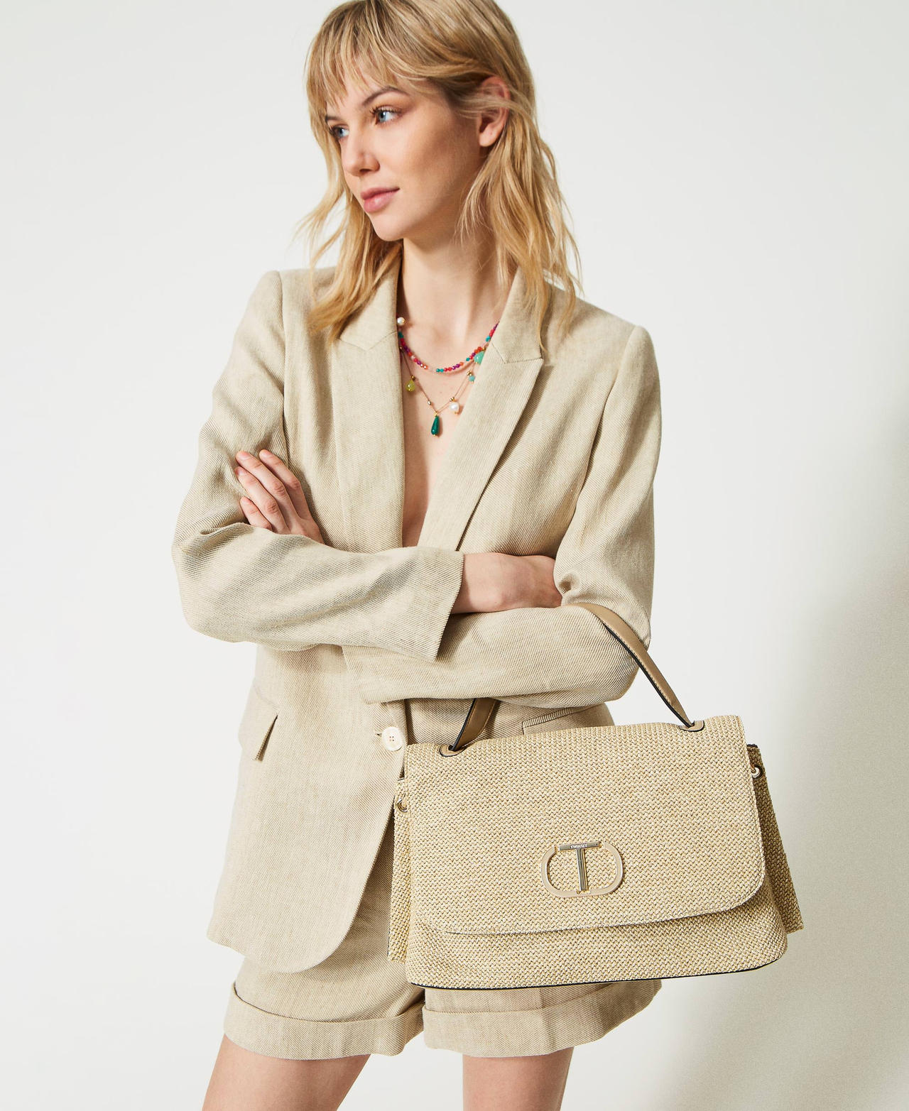 Straw-like top handle bag “Pale Hemp” Beige Woman 231TD8380-0S