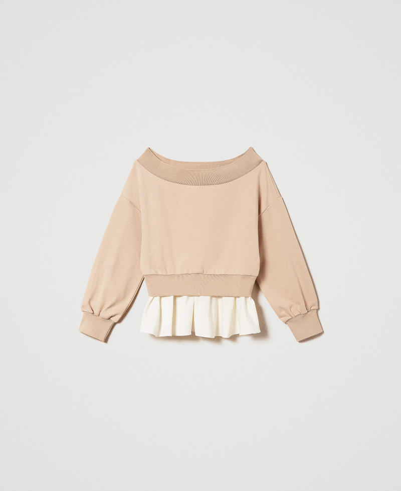 Sweatshirt with poplin flounces Two-tone Champagne / Sugar White Woman 231TN2210-0S