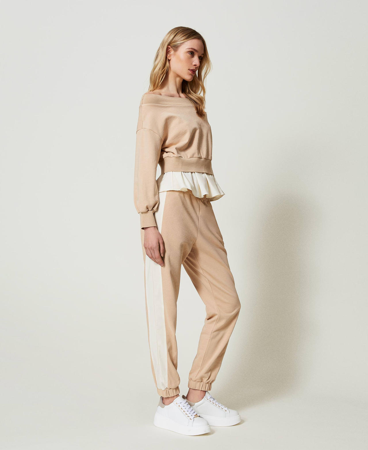 Plush fabric and poplin trousers Two-tone Champagne / Sugar White Woman 231TN2211-02