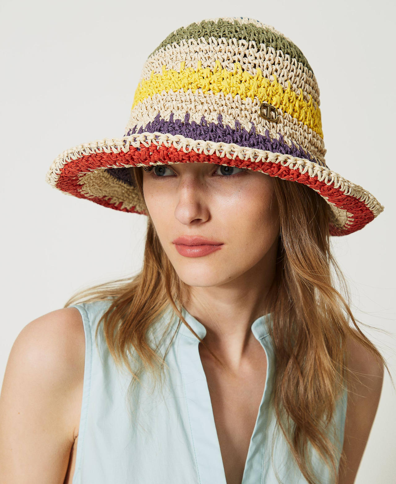 Multicolour straw bucket hat Multicolour Straw Stripes Woman 231TO5038-0S