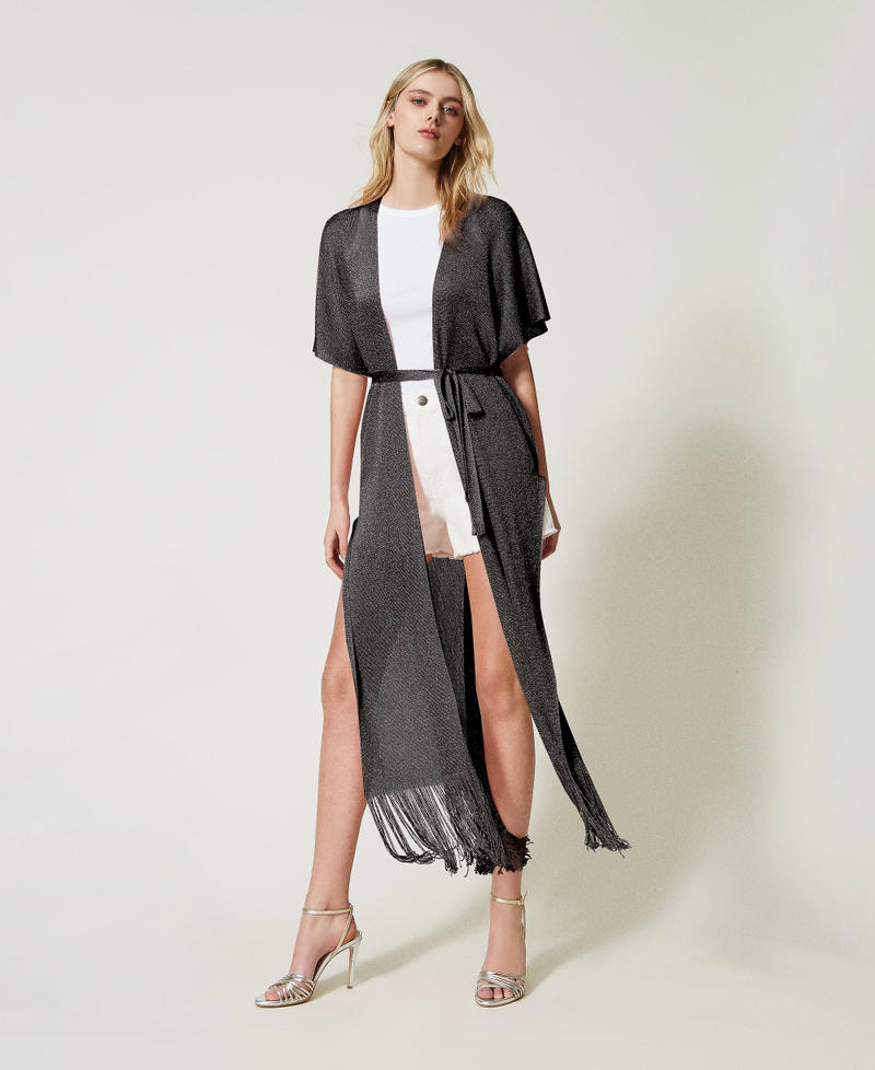 Long poncho with fringes and belt Parisienne Pink Woman 231TO5160-01