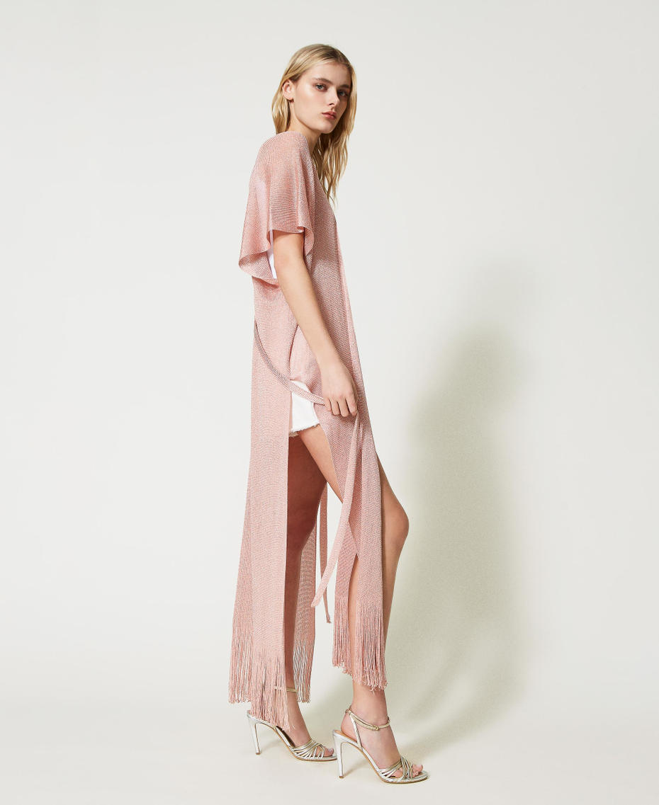 Long poncho with fringes and belt Parisienne Pink Woman 231TO5160-03