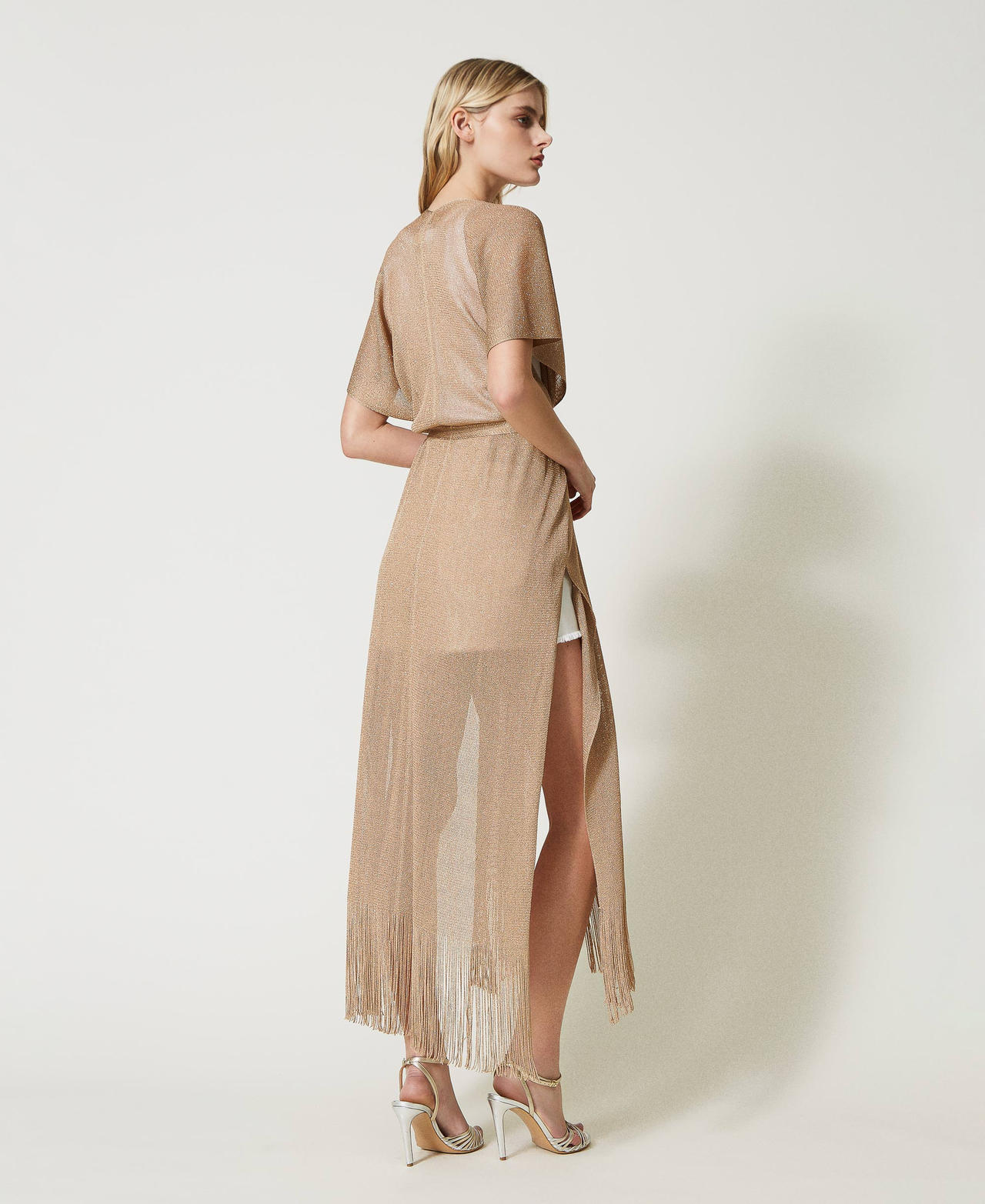 Long poncho with fringes and belt Woman, Pink | TWINSET Milano