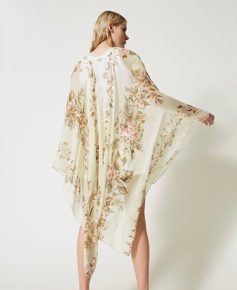 Poncho-scarf with floral print Black / “Pale Hemp” Beige Hibiscus Print Woman 231TO5440-03
