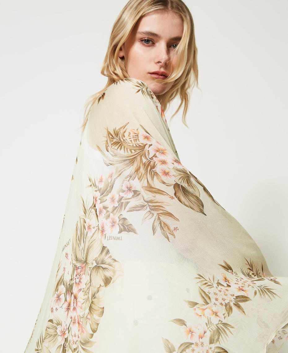 Poncho-foulard avec imprimé floral Imprimé Motif Hibiscus Noir/Beige « Chanvre Clair » Femme 231TO5440-04