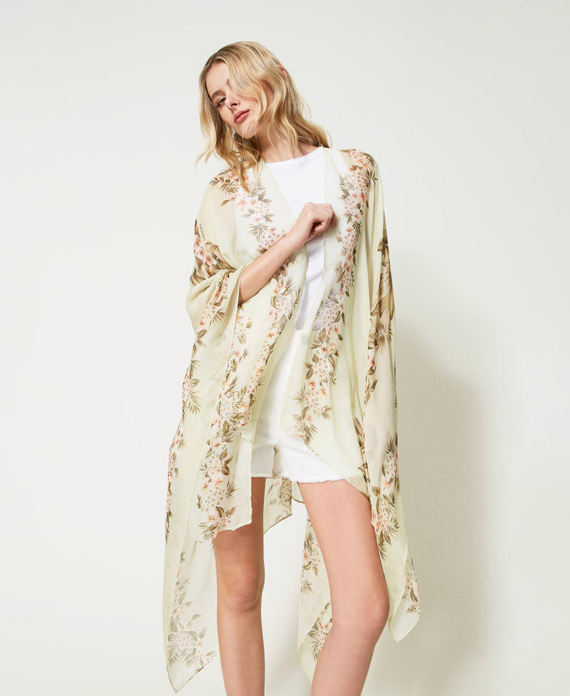 Poncho-scarf with floral print Black / “Pale Hemp” Beige Hibiscus Print Woman 231TO5440-0S