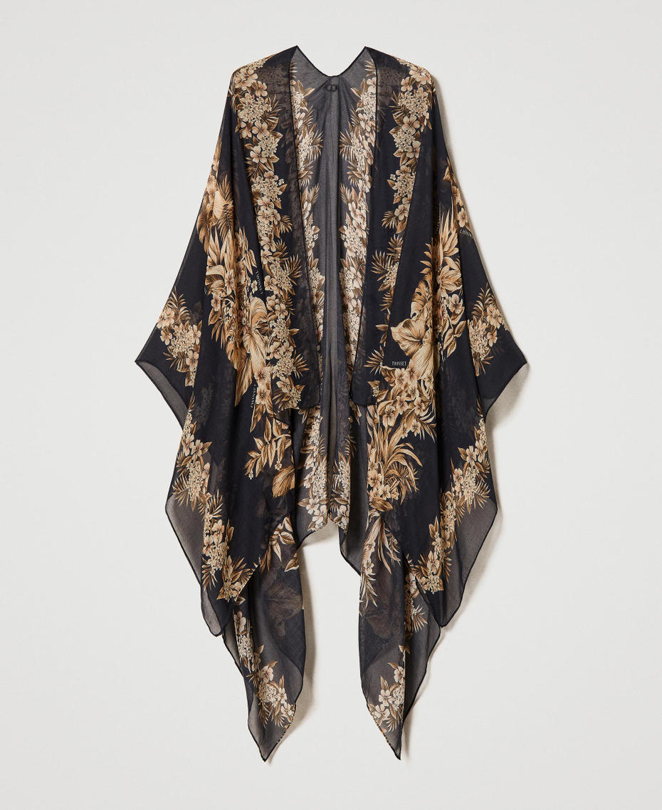 Poncho-scarf with floral print Black / “Pale Hemp” Beige Hibiscus Print Woman 231TO5440-01