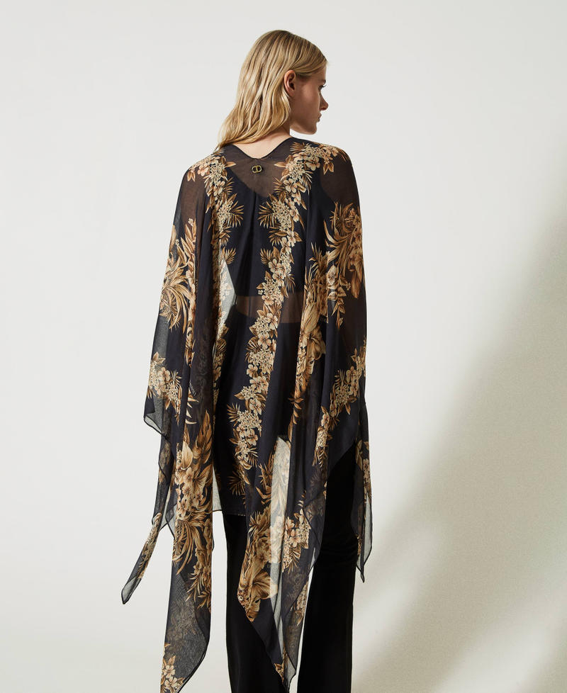 Poncho-scarf with floral print Black / “Pale Hemp” Beige Hibiscus Print Woman 231TO5440-03