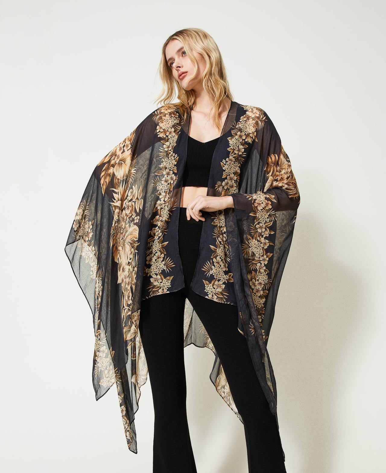 Poncho-scarf with floral print Black / “Pale Hemp” Beige Hibiscus Print Woman 231TO5440-0S