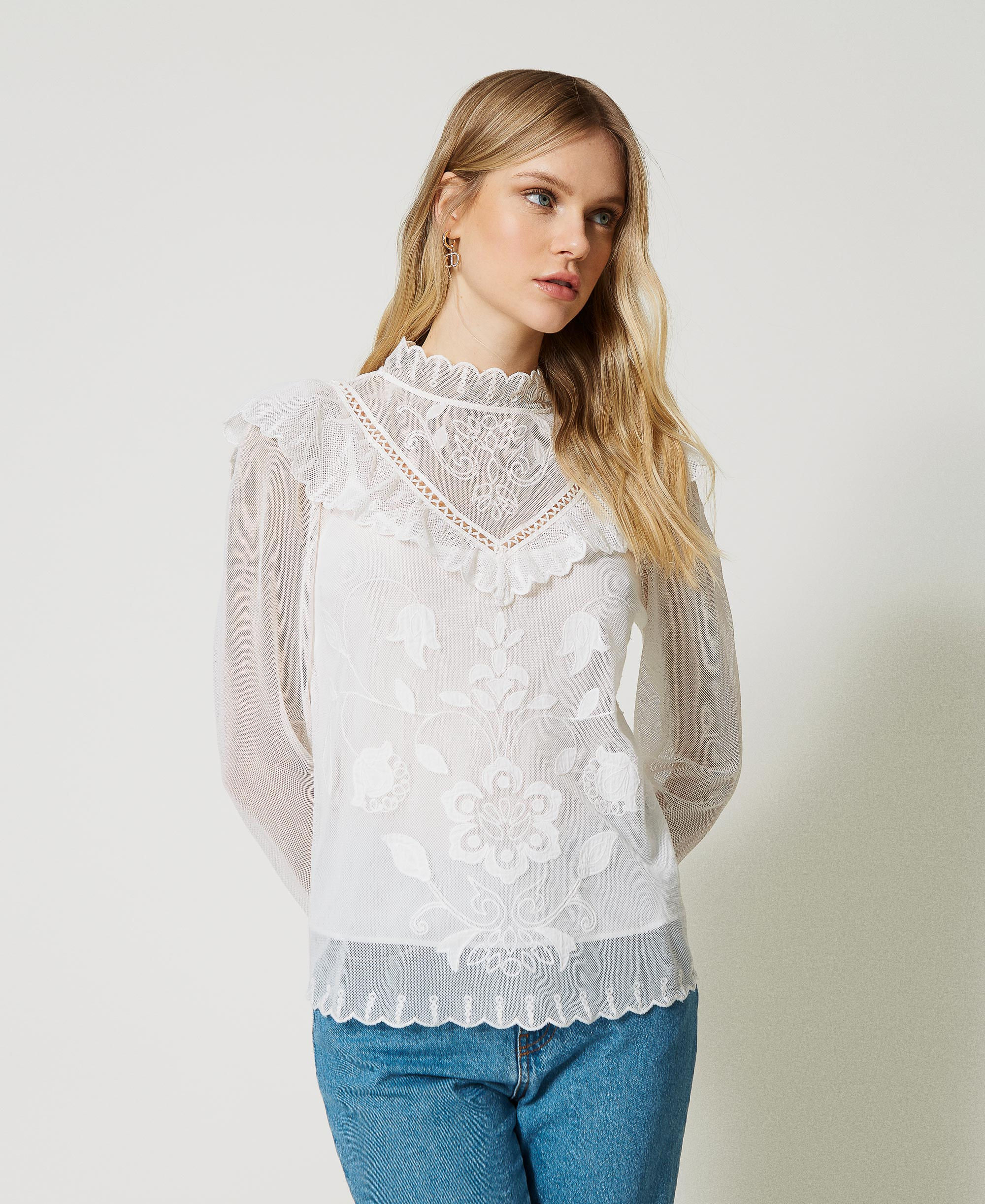 Mesh blouse with handmade embroidery
