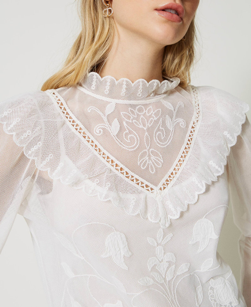 Mesh blouse with handmade embroidery Antique White Woman 231TP2022-04