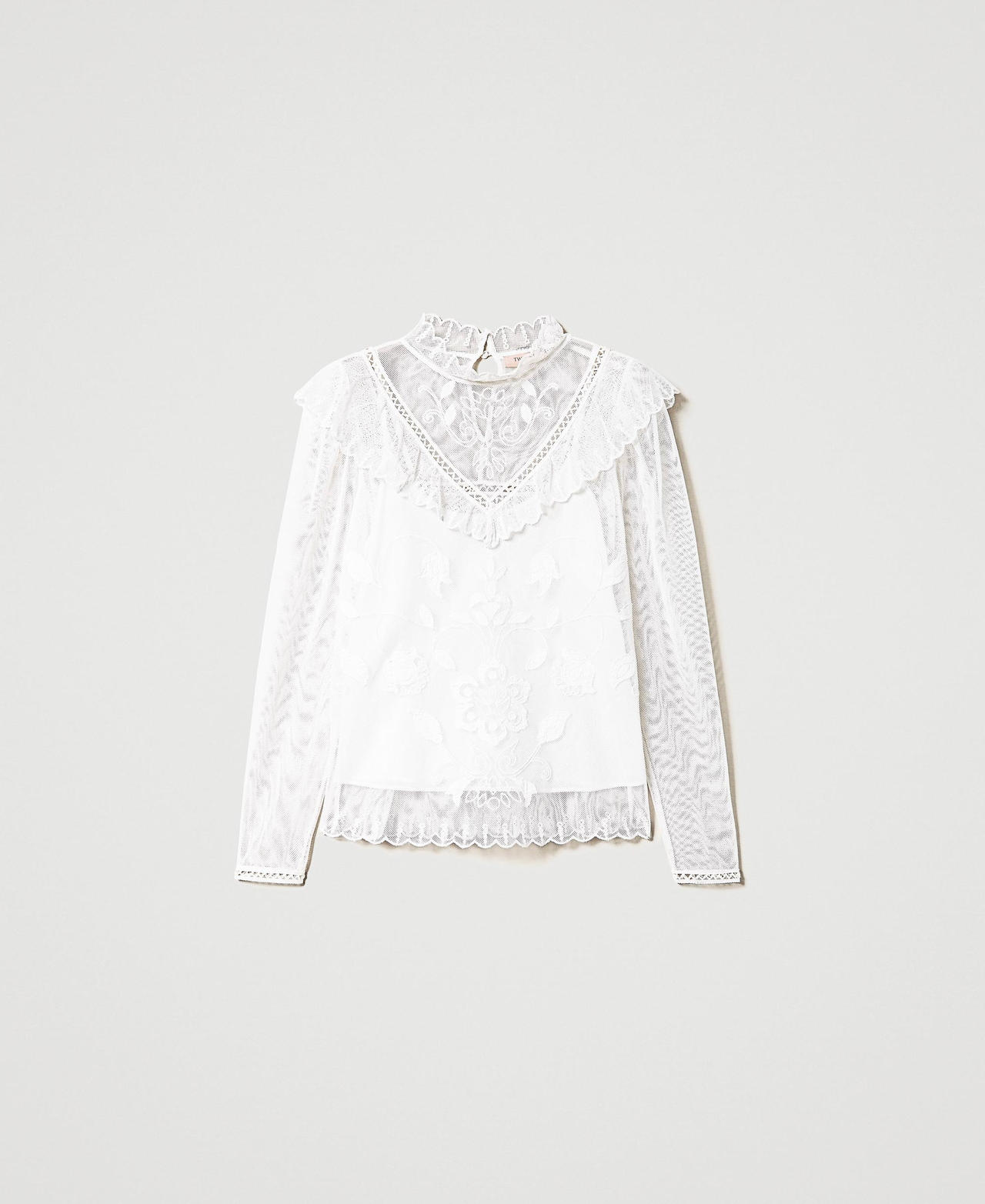 Mesh blouse with handmade embroidery