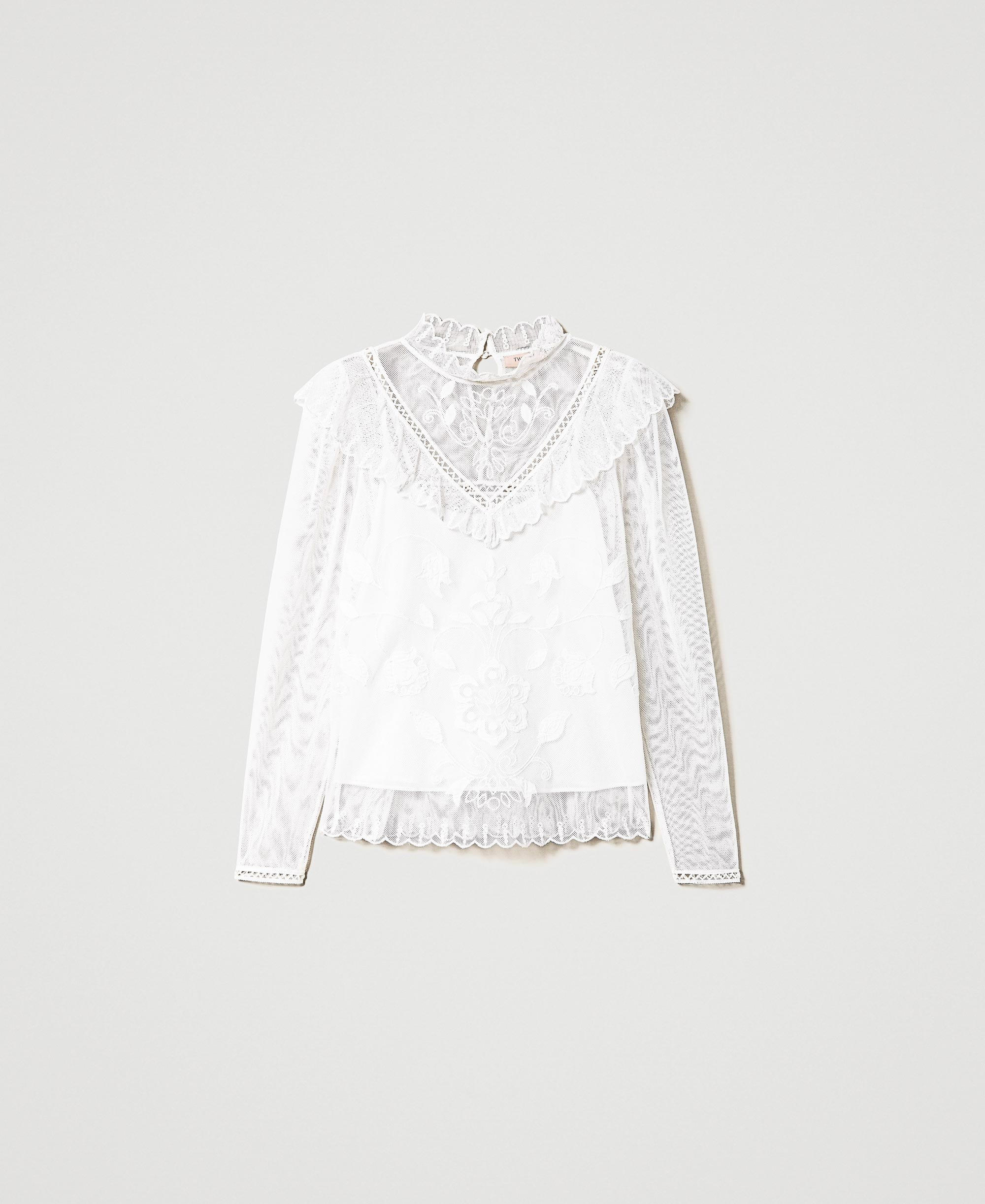 Mesh blouse with handmade embroidery