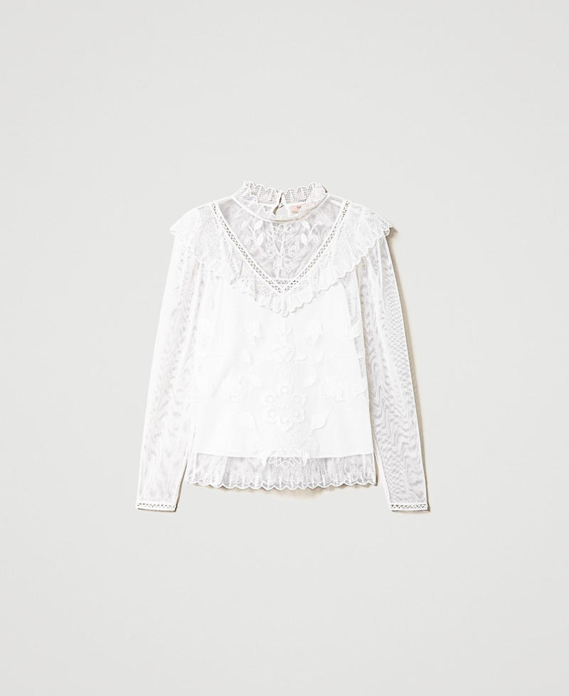 Mesh blouse with handmade embroidery Antique White Woman 231TP2022-0S