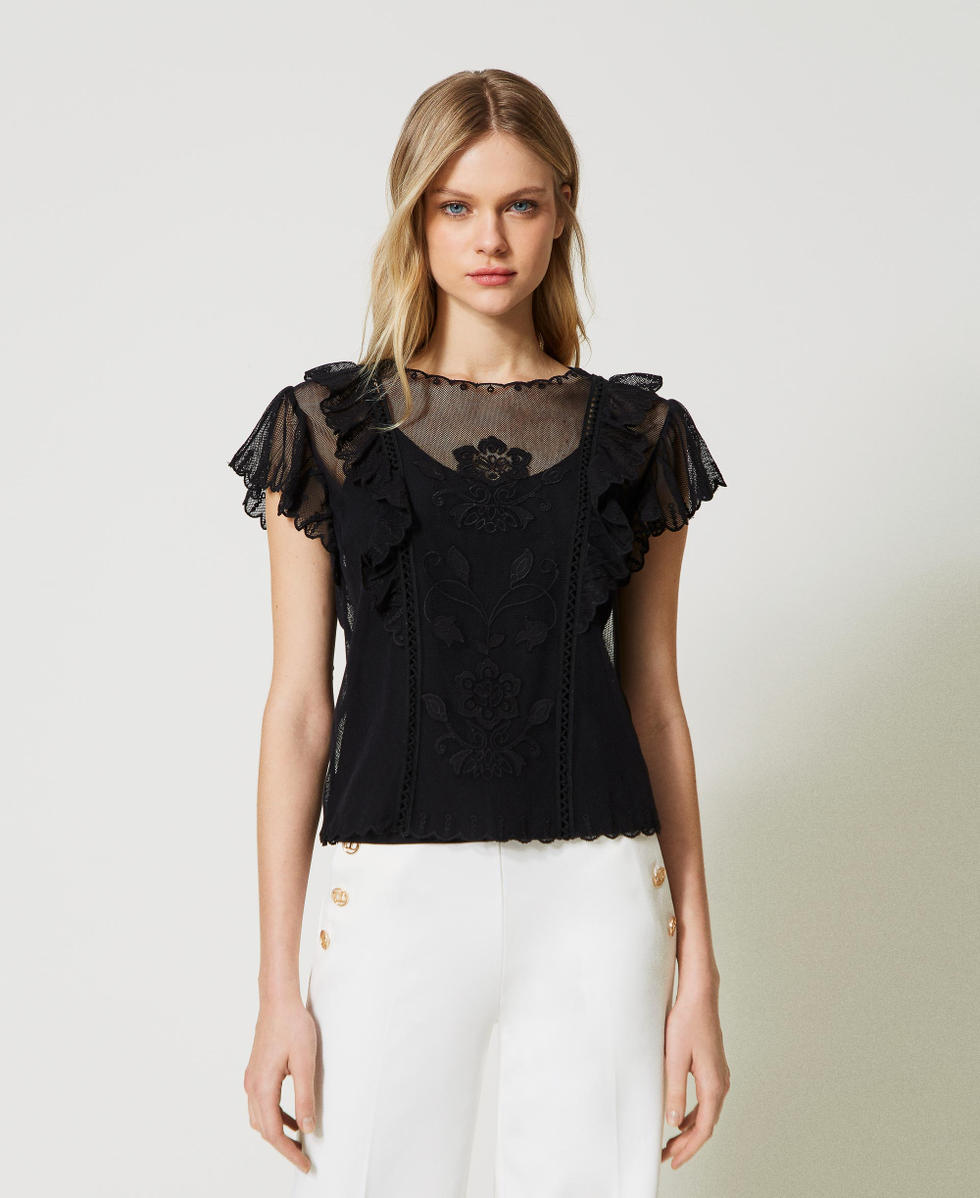Mesh top with handmade embroidery