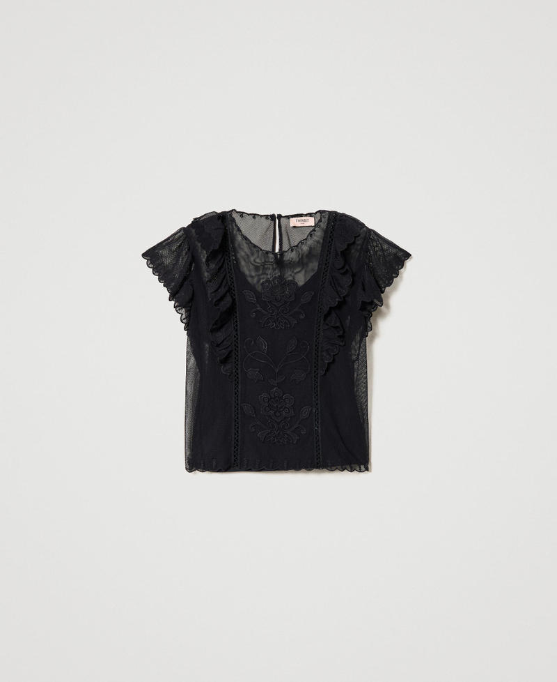 Mesh top with handmade embroidery Black Woman 231TP2023-0S