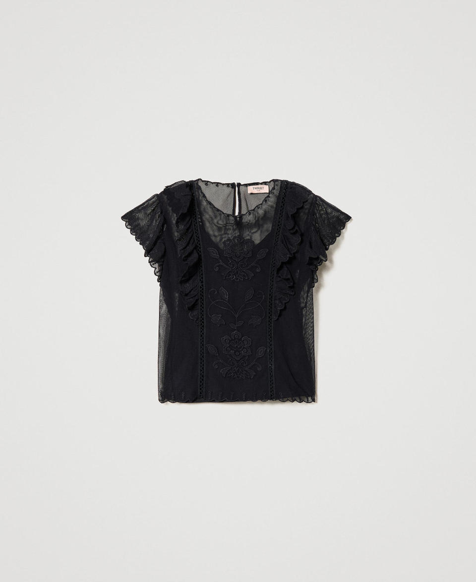 Top in rete con ricamo a mano