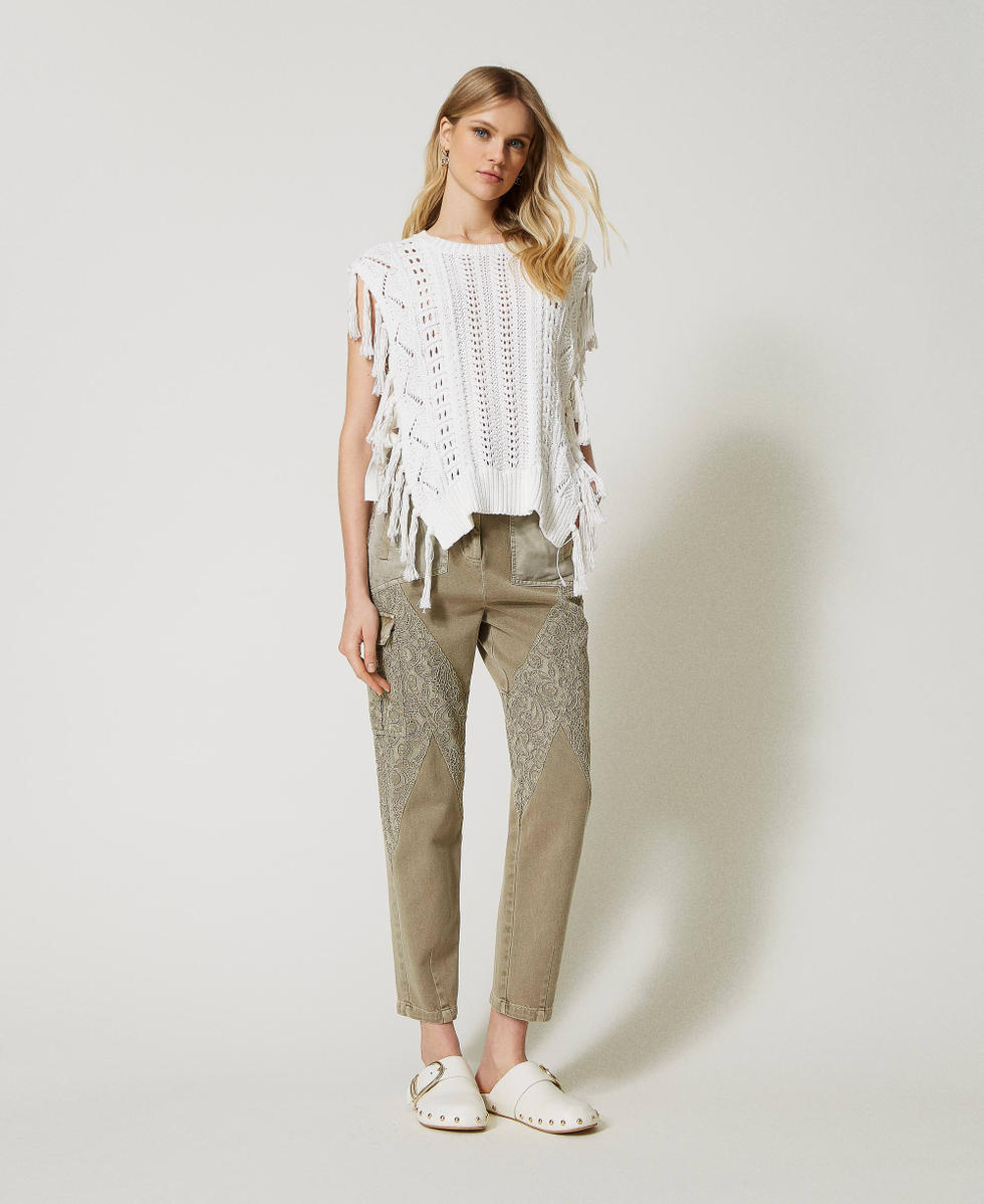 Pantaloni cargo in bull e pizzo macram Donna Marrone TWINSET