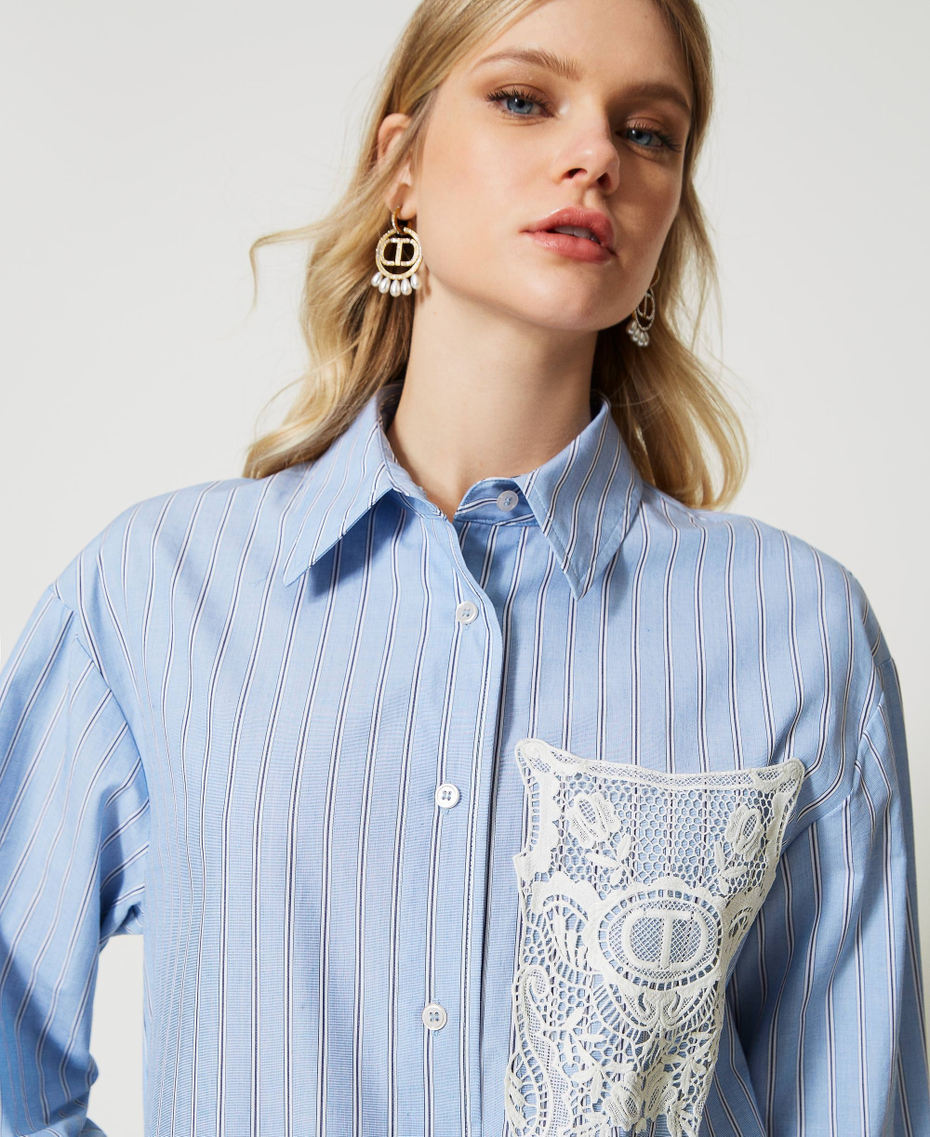 Camisa de popelina de rayas con bordado Rayas Azul / Blanco «Nieve» Mujer 231TP2150-04