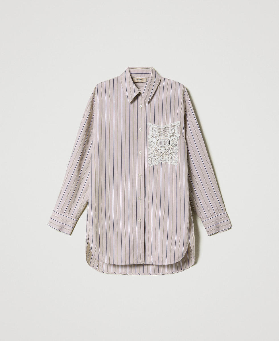 Striped poplin shirt with embroidery Woman, Beige | TWINSET