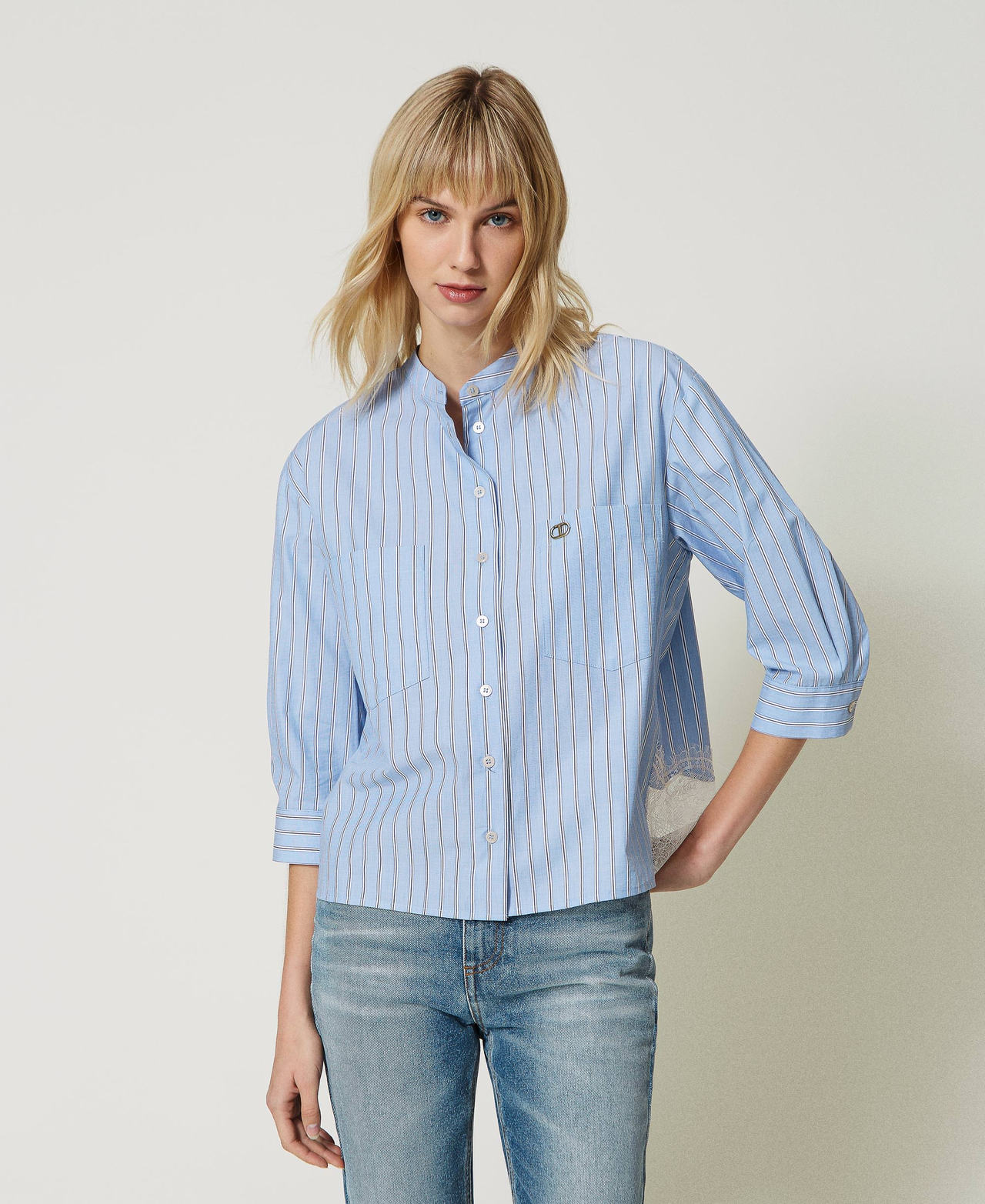 Striped poplin shirt with lace Light Blue / “Snow” White Stripes Woman 231TP2151-01