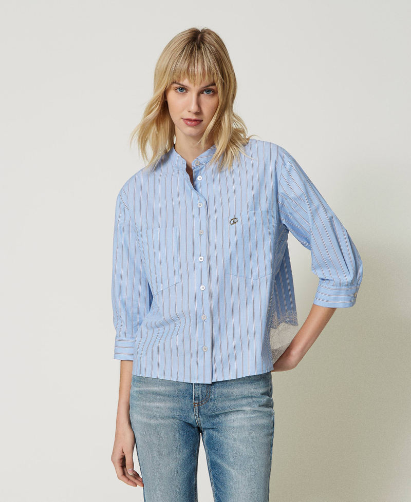 Camicia in popeline a righe con pizzo Rigato Azzurro / Bianco "Neve" Donna 231TP2151_10394_01
