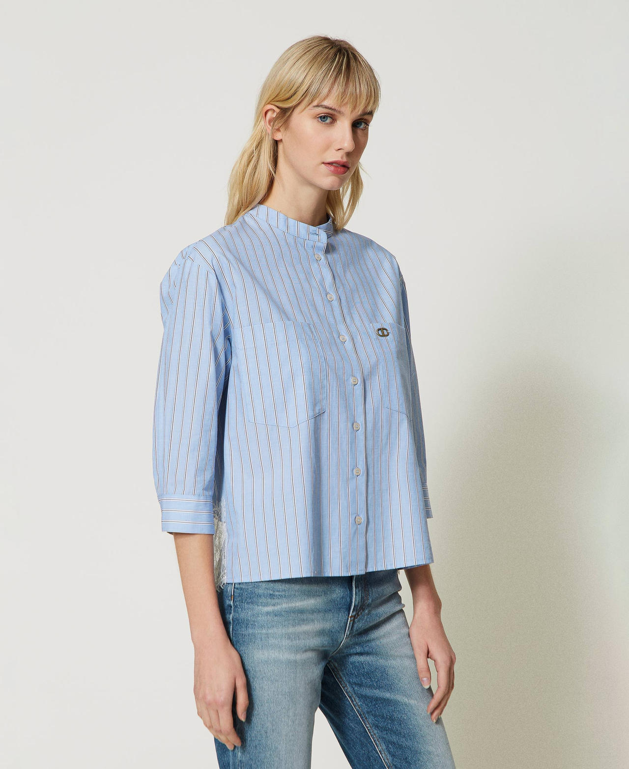 Camicia in popeline a righe con pizzo Rigato Azzurro / Bianco "Neve" Donna 231TP2151_10394_02