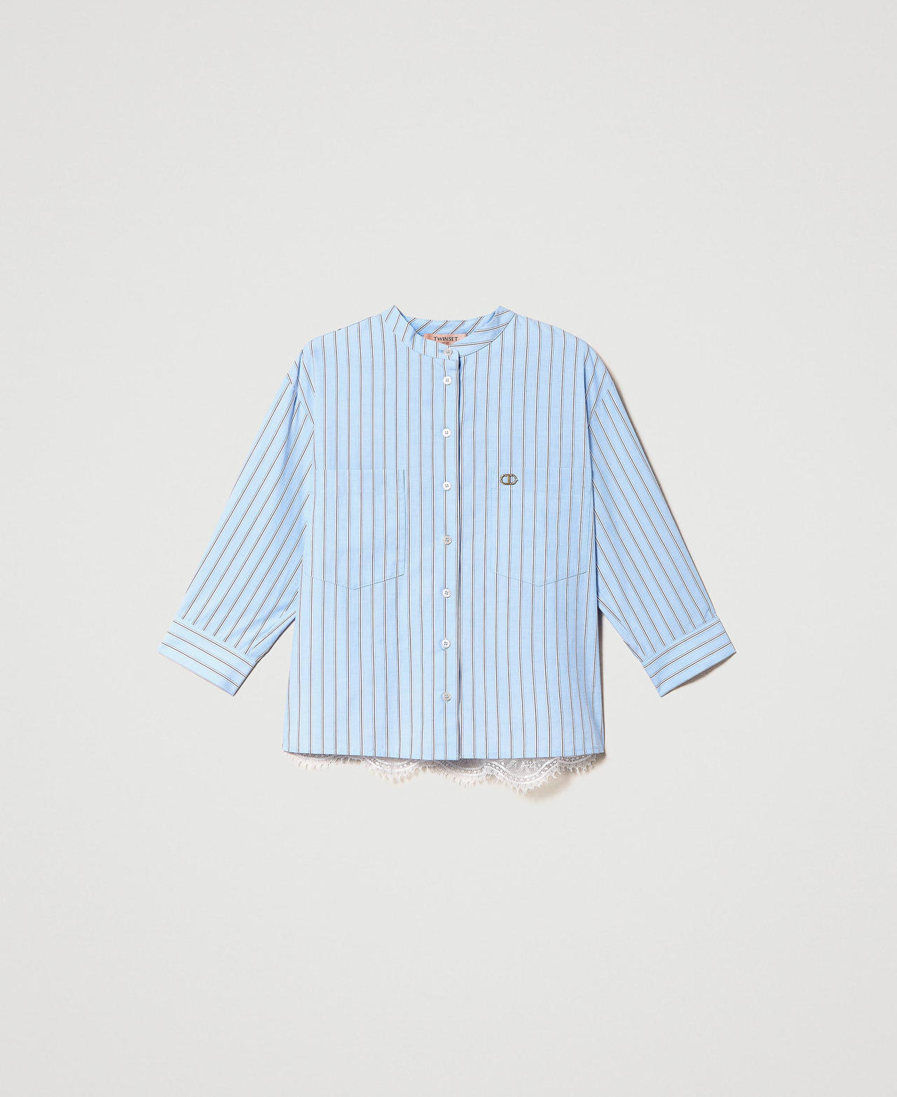 Camicia in popeline a righe con pizzo Rigato Azzurro / Bianco "Neve" Donna 231TP2151_10394_0S