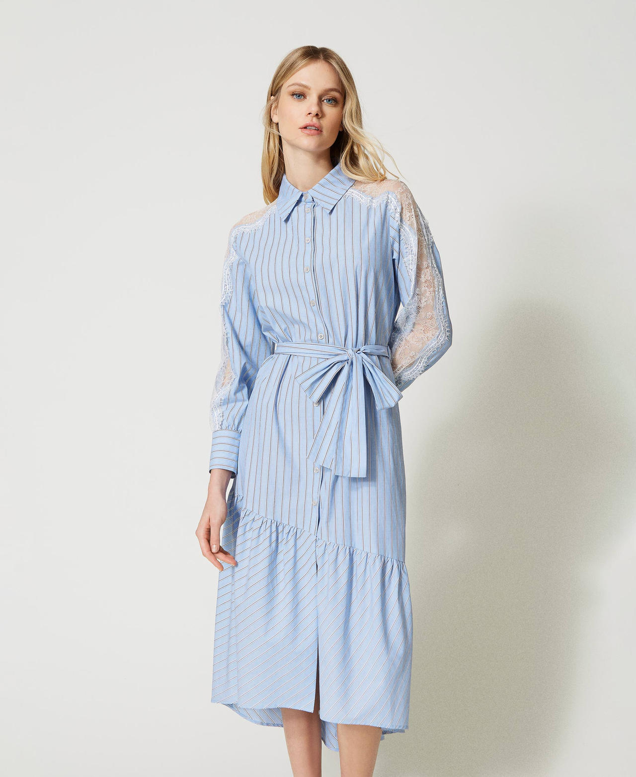 Poplin shirt dress with lace Woman, Light blue | TWINSET Milano