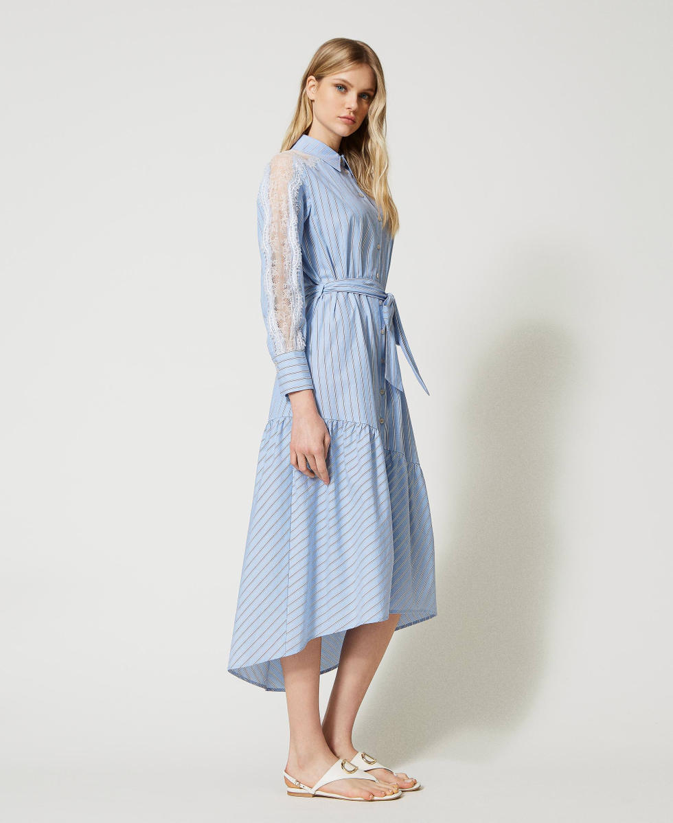 Poplin shirt dress with lace Woman, Light blue | TWINSET Milano