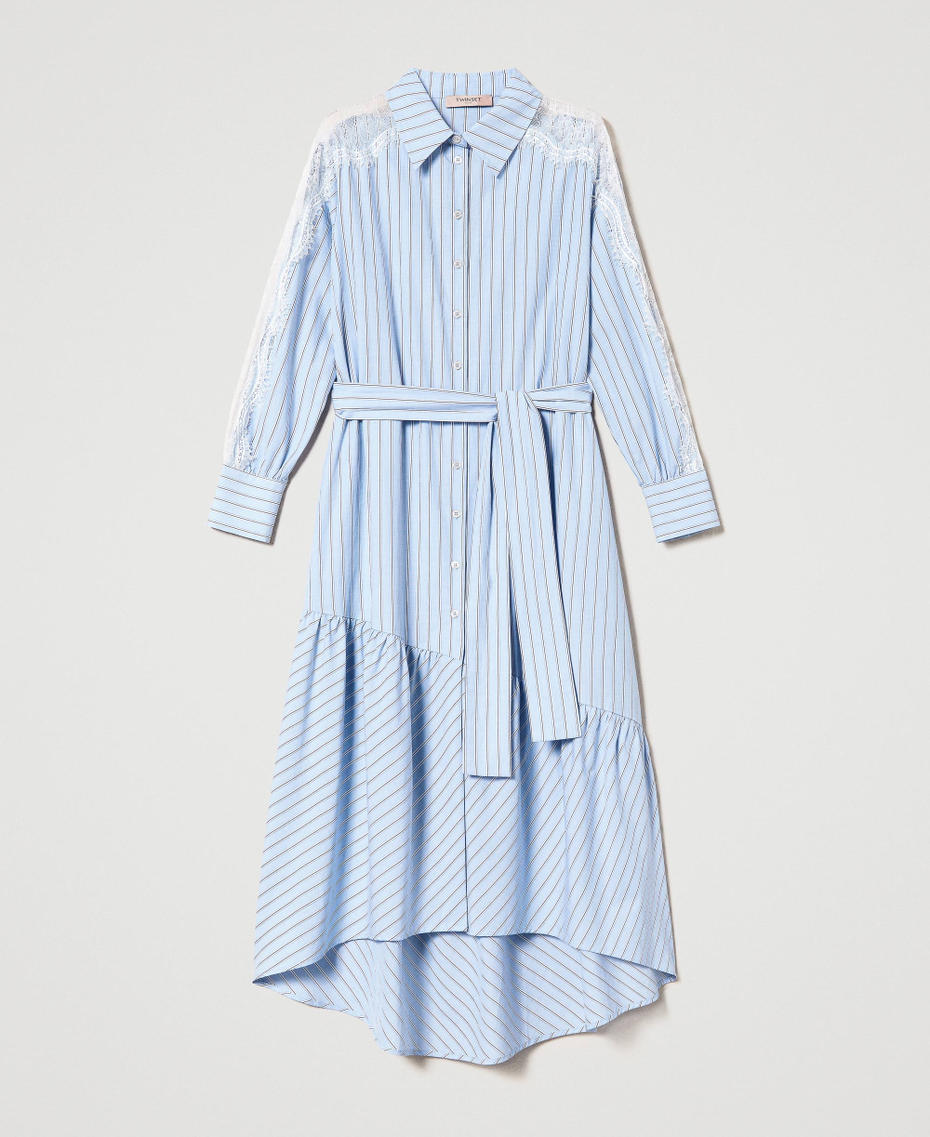Платье-рубашка из поплина с кружевом Полосатый Голубой / Белый "Снег" женщина 231TP2153-0S