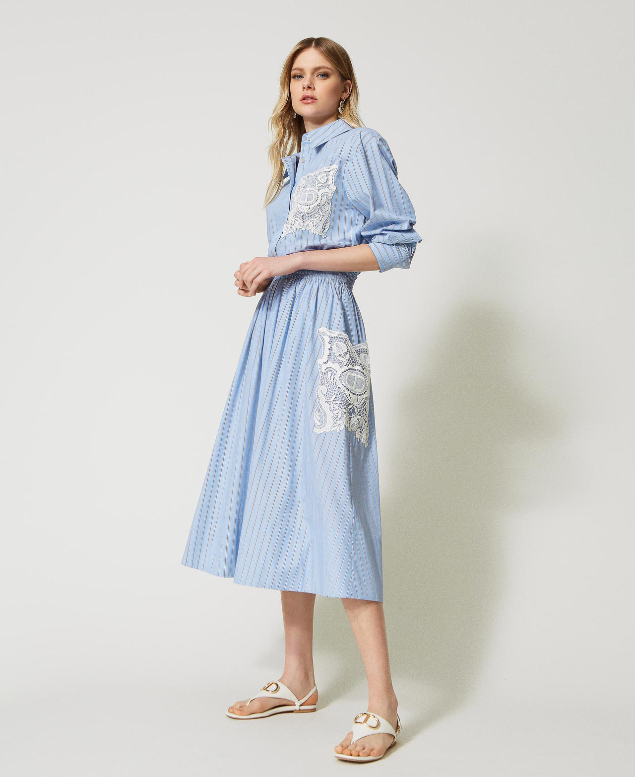 Striped poplin skirt with embroidery Woman Light blue TWINSET Milano