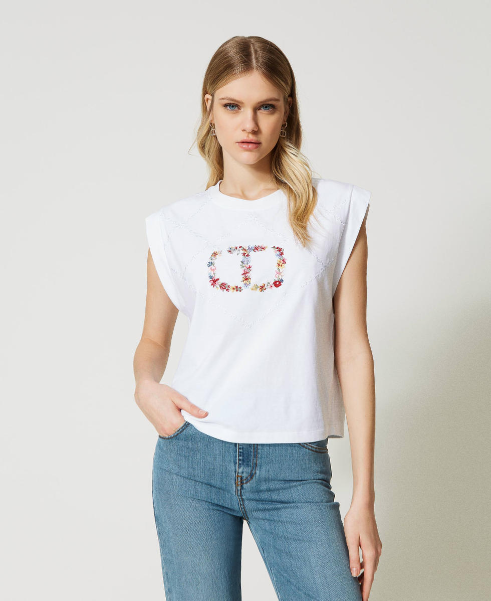 T shirt with floral Oval T logo Woman White TWINSET Milano