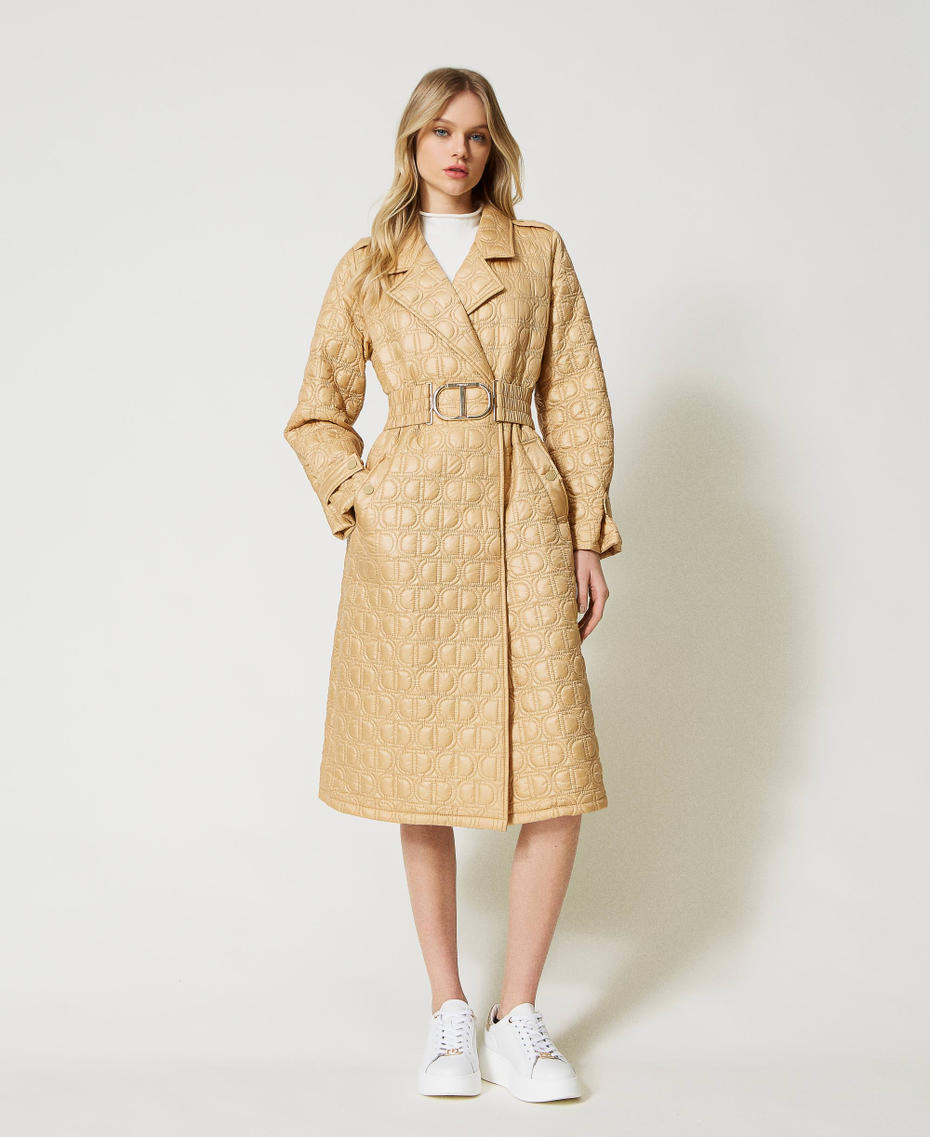 Padded trench coat with Oval T logo all over “Pale Hemp” Beige Woman 231TP2242-01