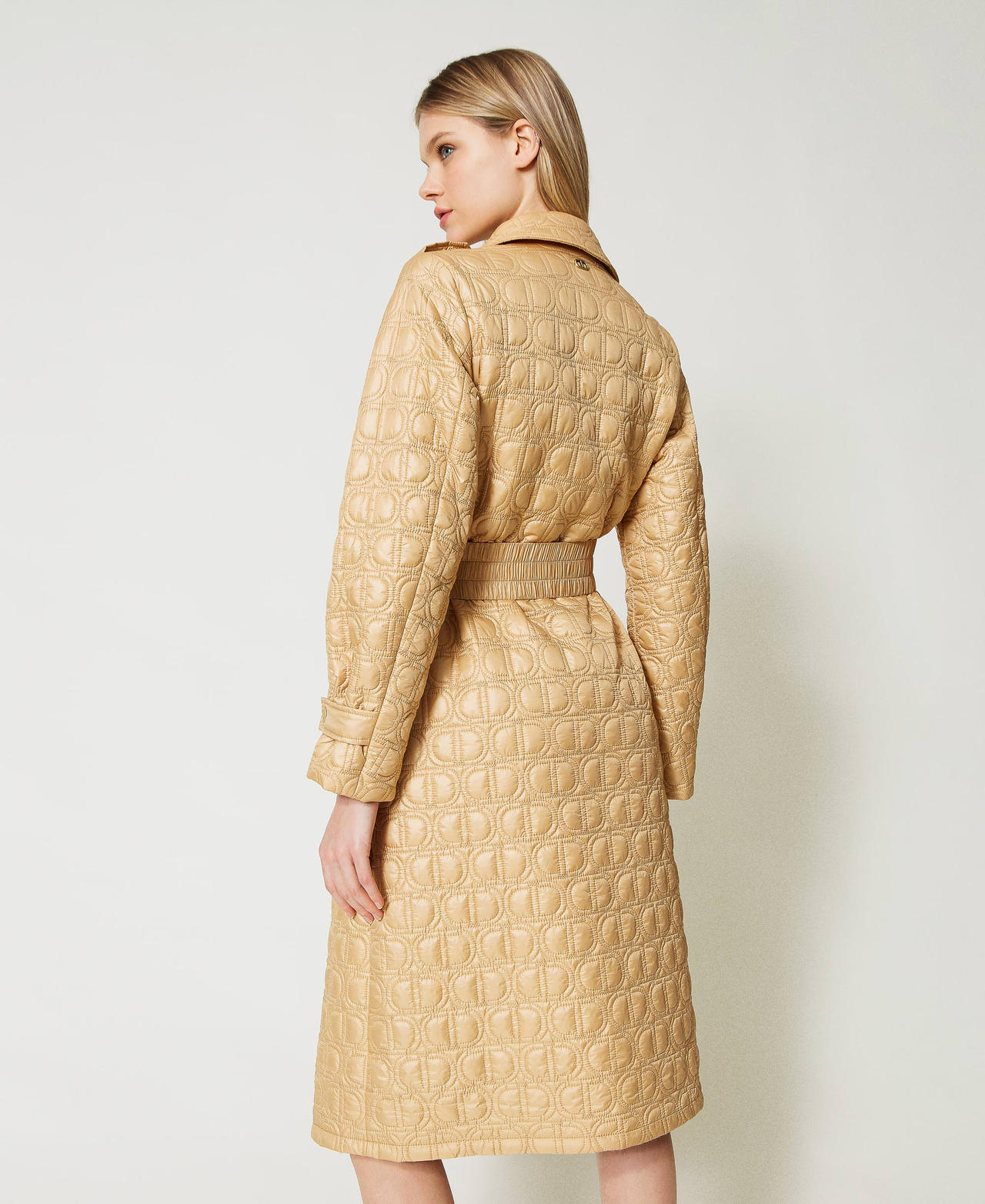 Padded trench coat with Oval T logo all over