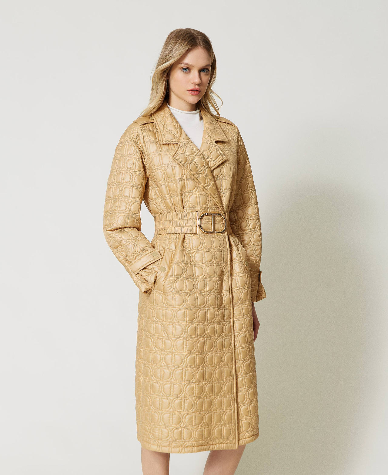 Padded trench coat with Oval T logo all over Woman, Beige