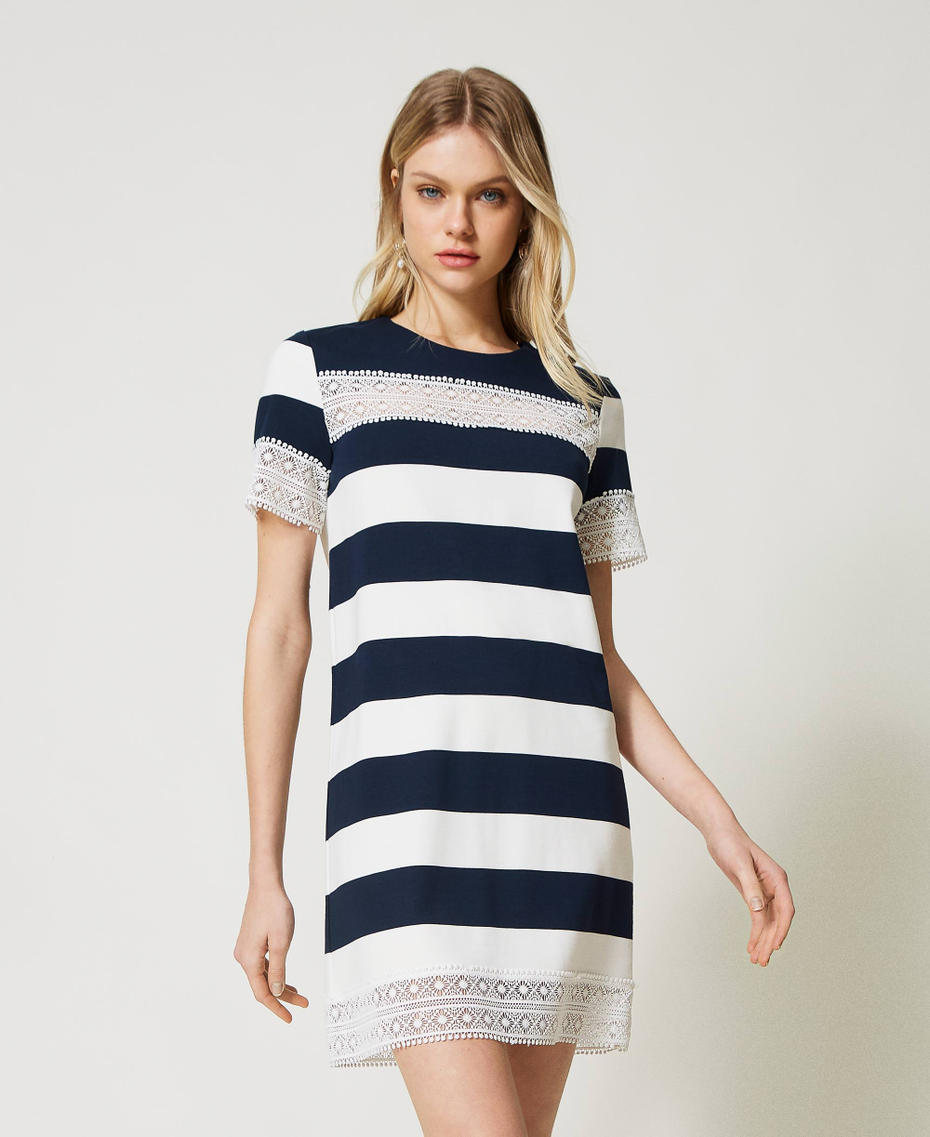 Striped dress with lace "Snow" White / Indigo Stripes Woman 231TP2300-01