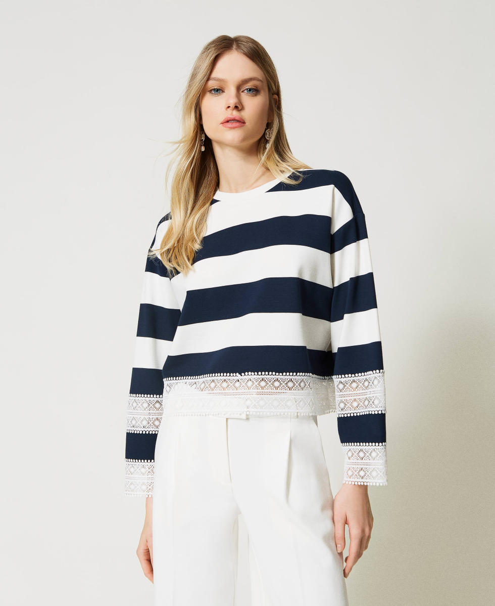 Striped sweatshirt with lace Woman Blue TWINSET Milano