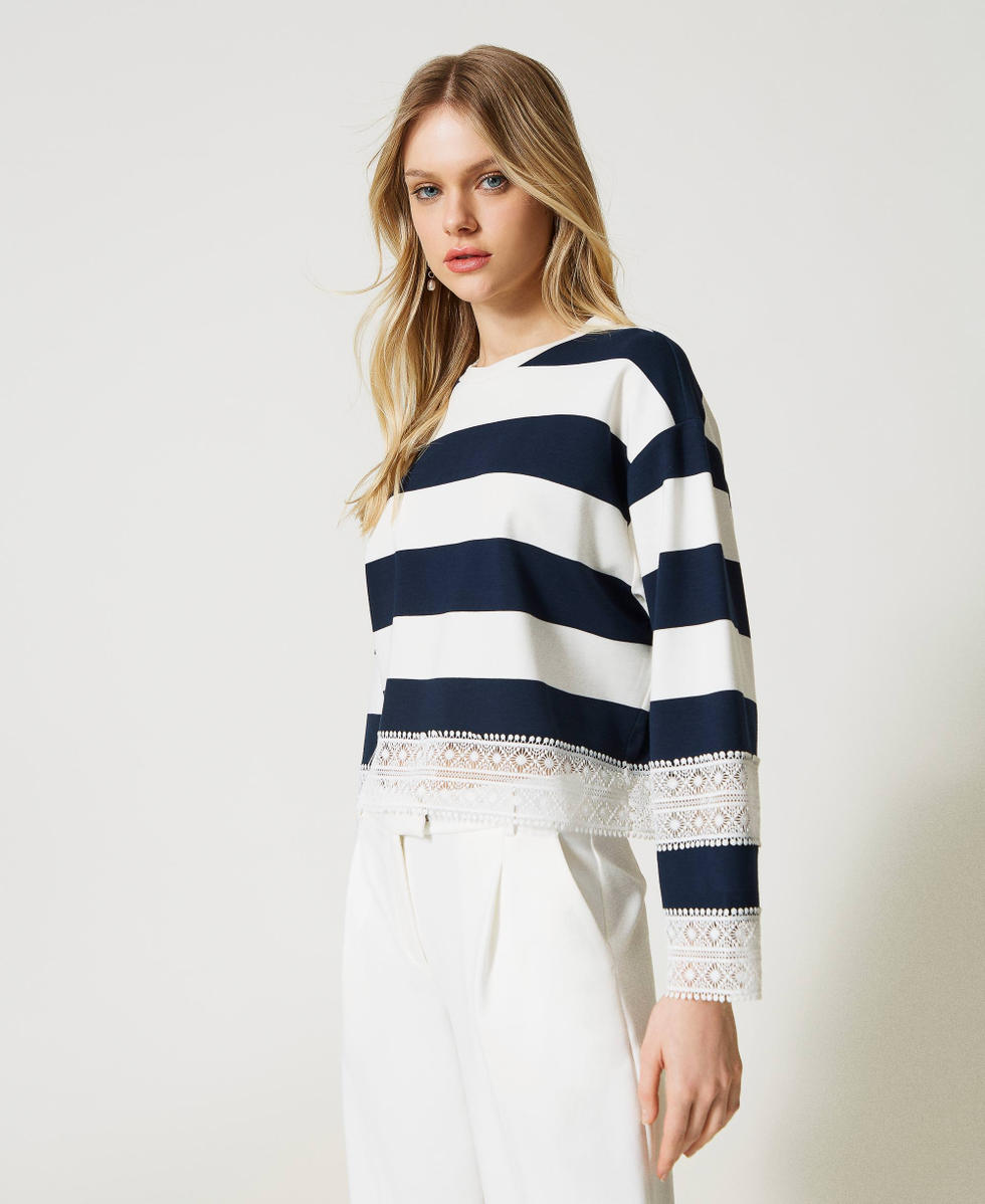 Striped sweatshirt with lace Woman Blue TWINSET Milano